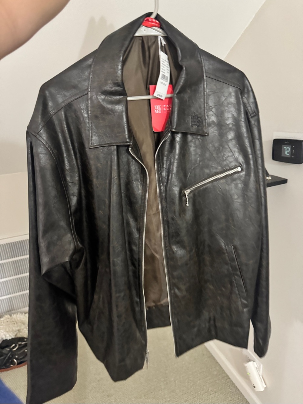 Men's Black Leather Jacket with Zip Chest Pocket